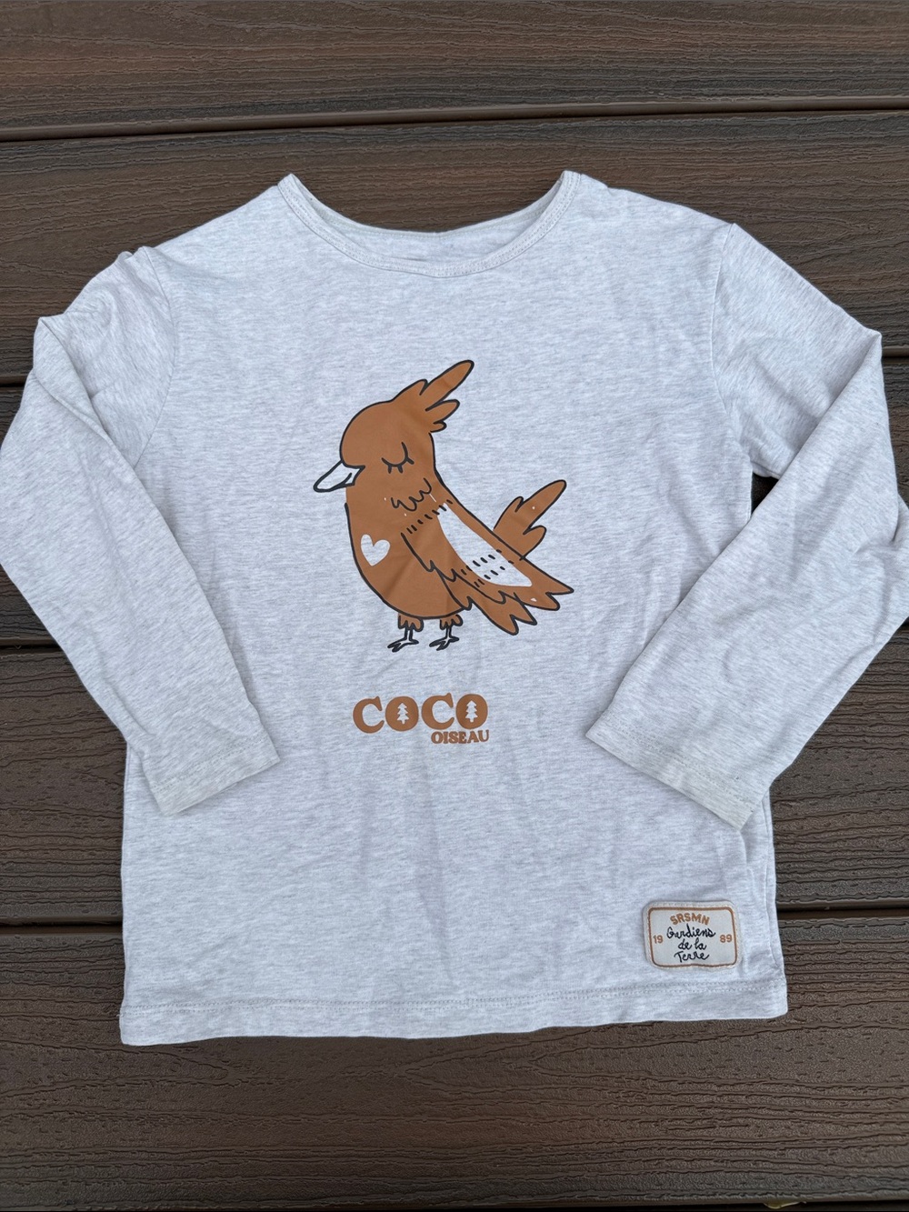 COCO Oiseau Kids Long-Sleeve Tee in Light Gray with Brown Bird Graphic